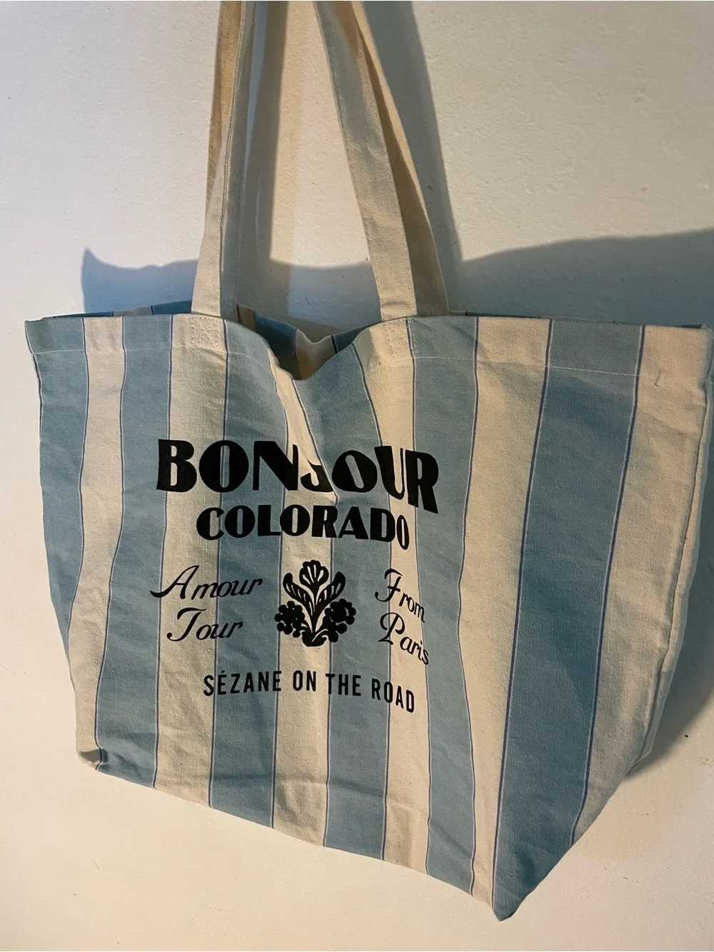 Sézane Blue and Cream Striped Tote with Bonjour Colorado Print